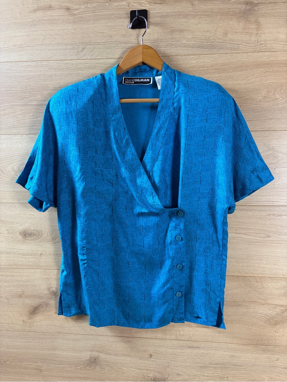 Vintage Diane Gilman Petites 100% Silk Wrap Top S Blouse Blue Padded Shoulders